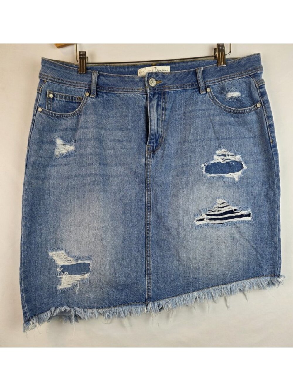 Cato Jean Skirt Women's Size 16 Light Blue Denim Cut Off Distressed Skirt